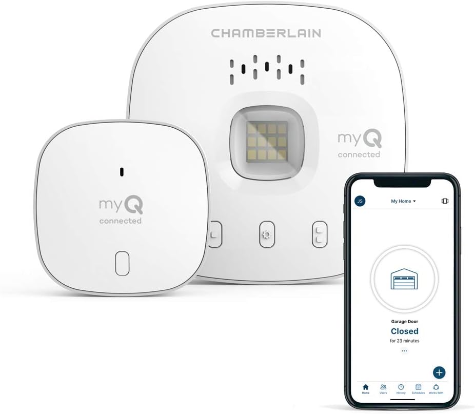 myQ Chamberlain Smart Garage Control - Wireless Garage Hub and Sensor with Wifi  Bluetooth - Smartphone Controlled, myQ-G0401-ES, White