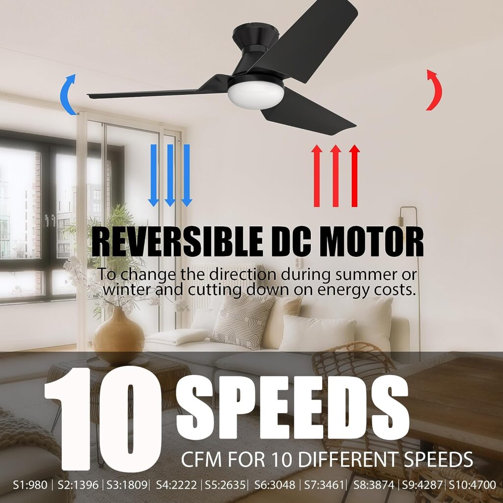 52” Low Profile Ceiling Fan With Light, DC Reversible Smart Ciling Fan With 10 Speeds And Dimmable 3 Colors LED, Silent Modern Ceiling Fan Compatible With Alexa, Siri, Google  Smart App, Matt Black