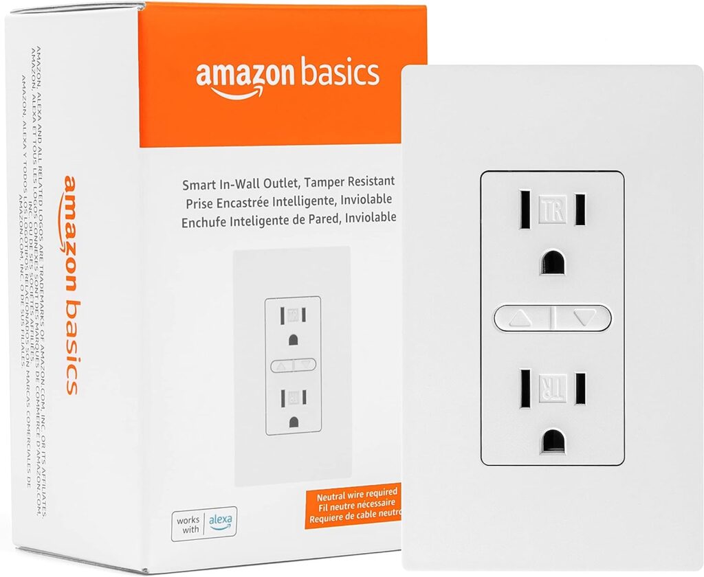 Amazon Basics Smart In-Wall Outlet with 2 Individually Controlled Outlets, Tamper Resistant, 2.4 GHz Wi-Fi, Works with Alexa Only, 4.57 x 2.80 x 1.85 inches, White