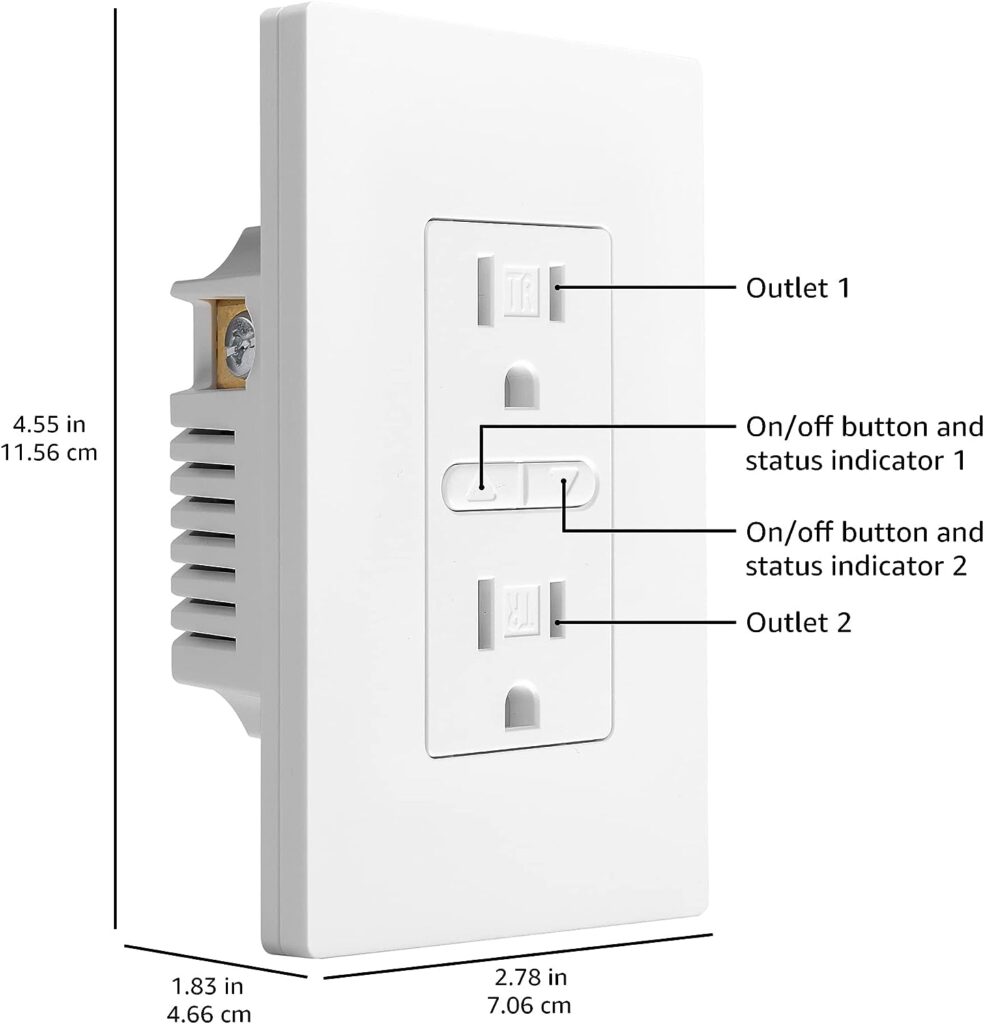 Amazon Basics Smart In-Wall Outlet with 2 Individually Controlled Outlets, Tamper Resistant, 2.4 GHz Wi-Fi, Works with Alexa Only, 4.57 x 2.80 x 1.85 inches, White