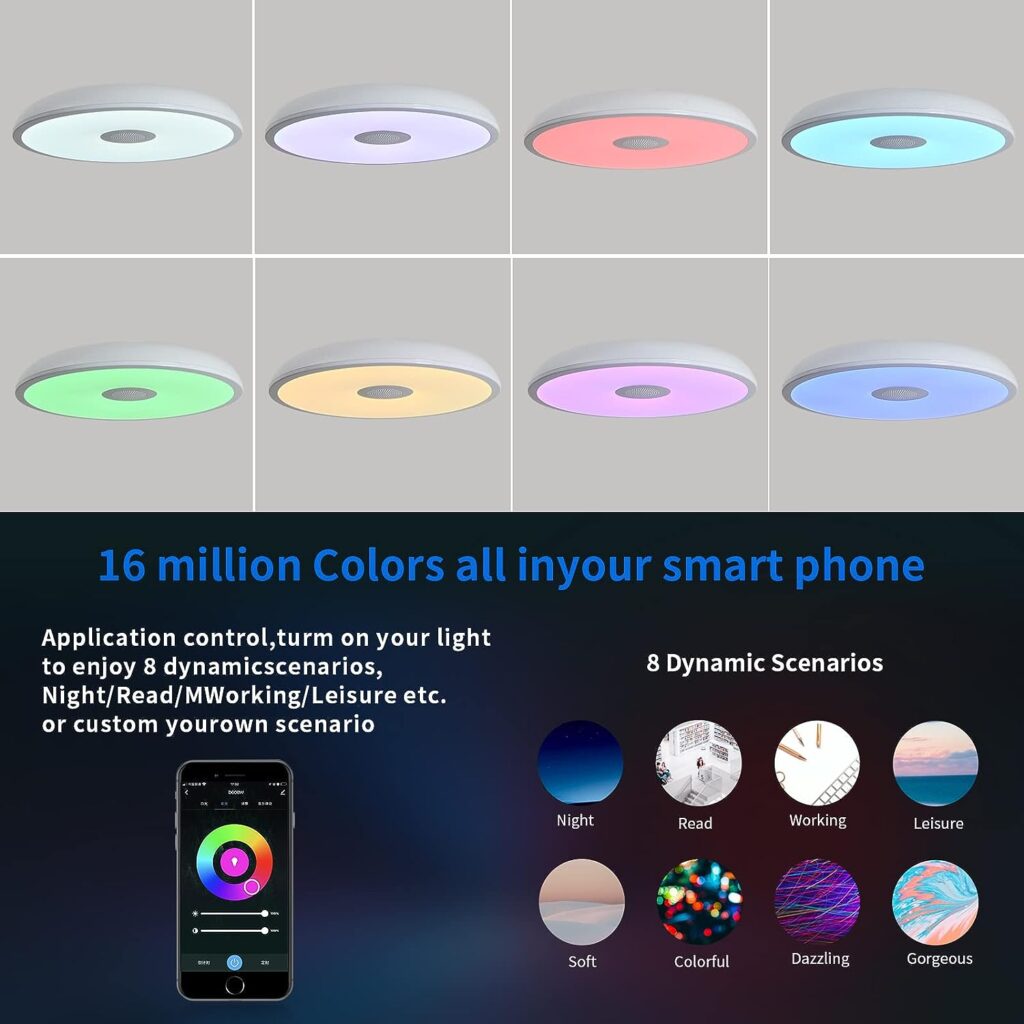 ASALL Smart Waterproof Ceiling Light 11 inch LED Ceiling Lamp 18W with Bluetooth Speaker,RGB Color Changing function-2700k-6500k Dimmable-Tuya Application Control-Compatible with Alexa Google Home