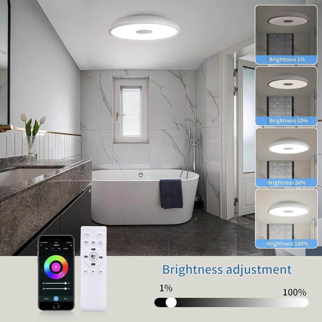 ASALL Smart Waterproof Ceiling Light 11 inch LED Ceiling Lamp 18W with Bluetooth Speaker,RGB Color Changing function-2700k-6500k Dimmable-Tuya Application Control-Compatible with Alexa Google Home