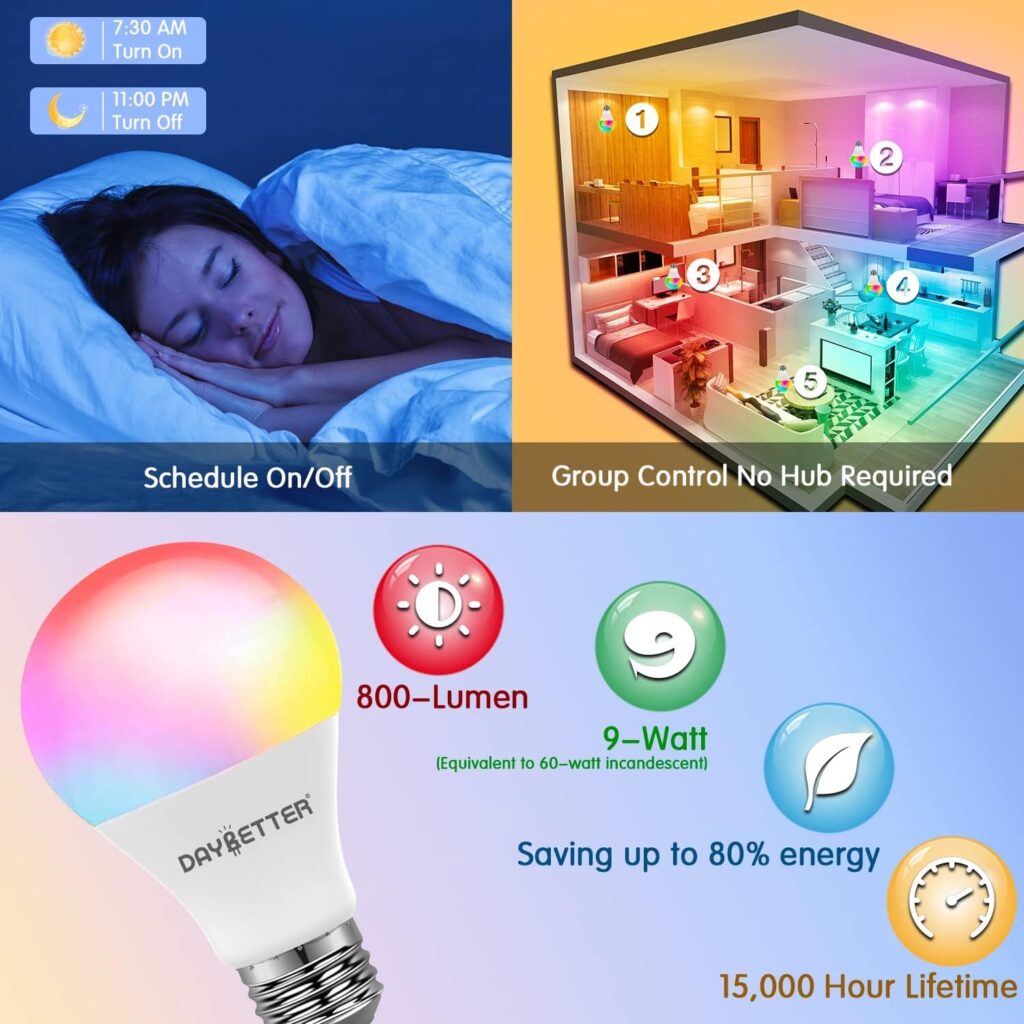 DAYBETTER Smart Light Bulbs, Alexa Light Bulb, WiFi Light Bulbs, RGBCW Color Changing Light Bulb A19 9W 800LM, Smart Bulbs that Work with Alexa  Google Assistant, 2.4Ghz only, No Hub Required,10 Pack