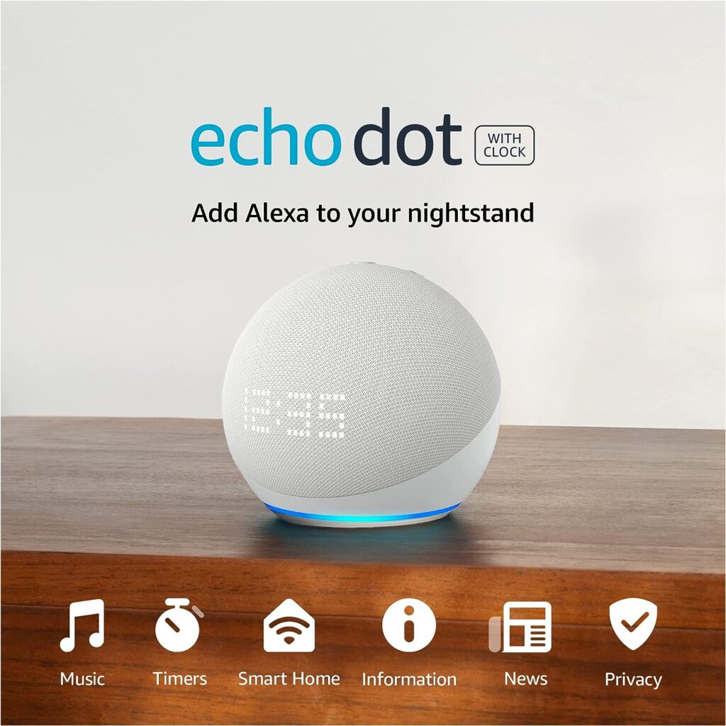 Echo Dot (5th Gen, 2022 release) with clock | Smart speaker with clock and Alexa | Glacier White