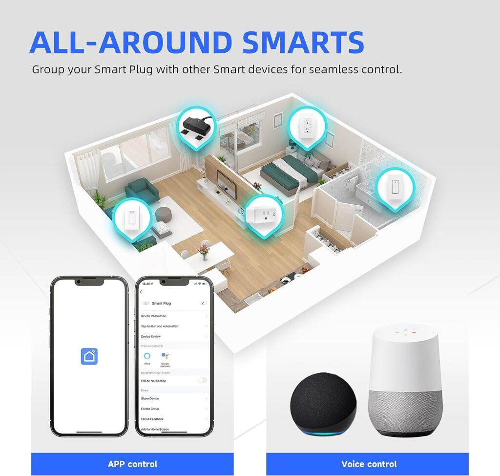 JUNLIT Mini Smart Plug, Smart Outlet Compatible with Alexa and Google Assistant, Tuya Smart Life 2.4GHz Only WiFi Socket, VoiceRemote Control, Schedule Timer, No Hub Required, ETLFCC, White, 4-Pack