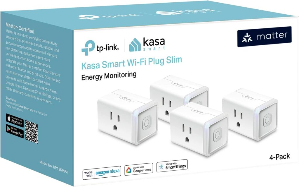 Kasa Matter Smart Plug w/ Energy Monitoring, Compact Design, 15A/1800W Max, Super Easy Setup, Works with Apple Home, Alexa  Google Home, UL Certified, 2.4G Wi-Fi Only, White, KP125M (4-Pack)