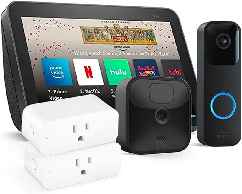 Smart Home Bundle - Echo Show 8 + Blink Video Doorbell + Blink Outdoor 1-Cam System + 2 Smart Plugs