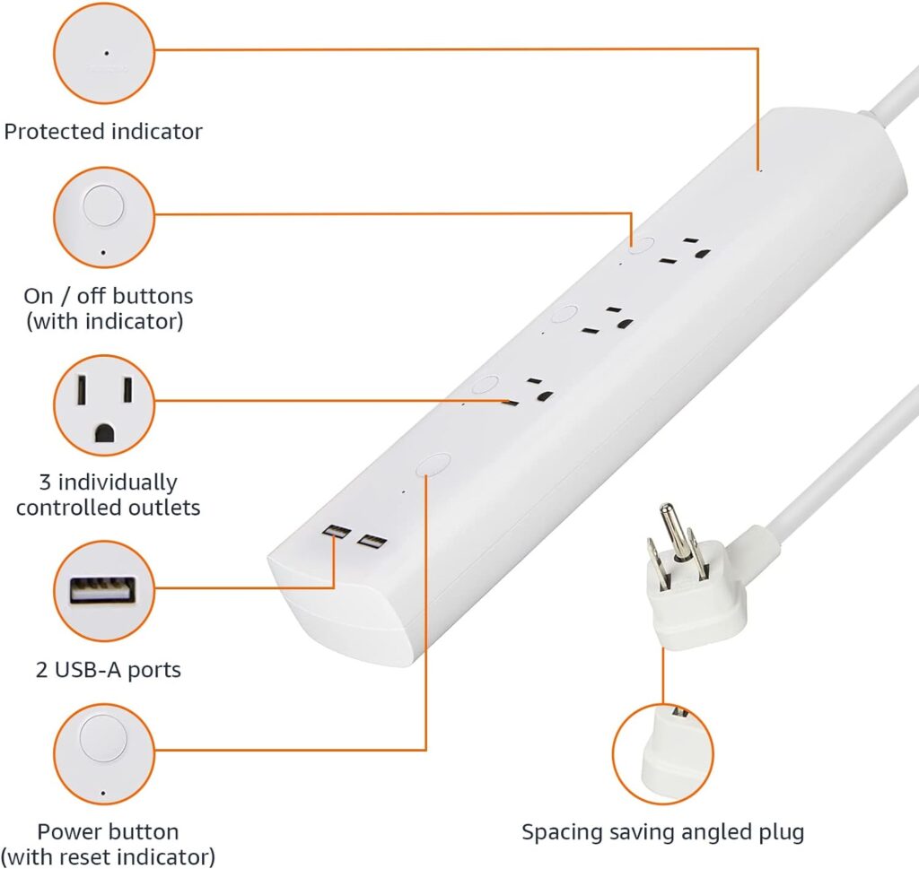 Amazon Basics Rectangle Smart Plug Power Strip, Surge Protector with 3 Individually Controlled Outlets and 2 USB Ports, 2.4 GHz Wi-Fi, Works with Alexa, White, 11.02 x 2.56 x 1.38 in