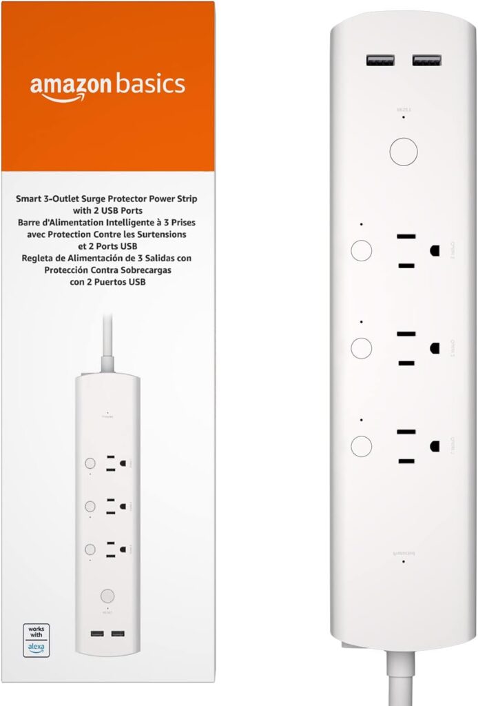 Amazon Basics Rectangle Smart Plug Power Strip, Surge Protector with 3 Individually Controlled Outlets and 2 USB Ports, 2.4 GHz Wi-Fi, Works with Alexa, White, 11.02 x 2.56 x 1.38 in