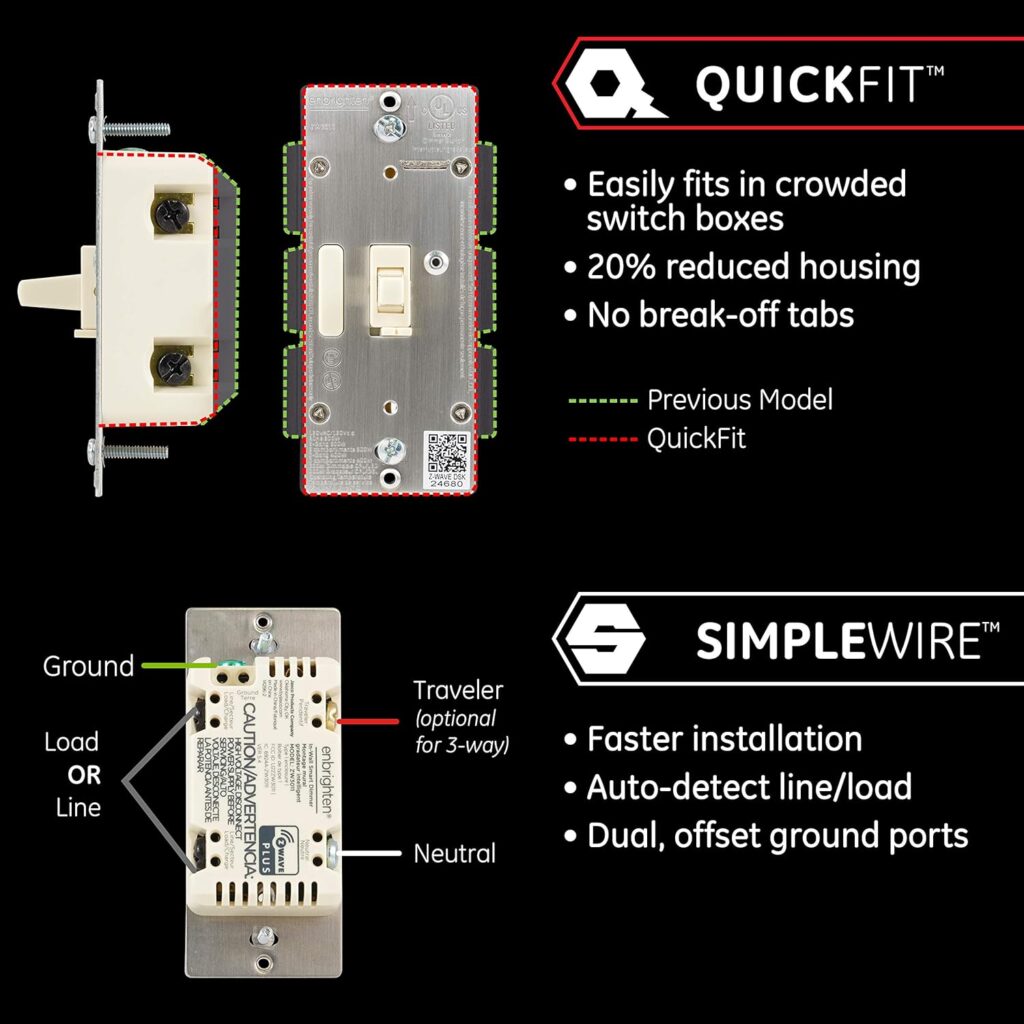 Enbrighten Z-Wave Plus Light Dimmer with QuickFit  SimpleWire, 3-Way Ready, Works with Alexa, Google Assistant, ZWave Hub  Neutral Wire Required, Toggle, Smart Switch, Smart Home Devices, 46204