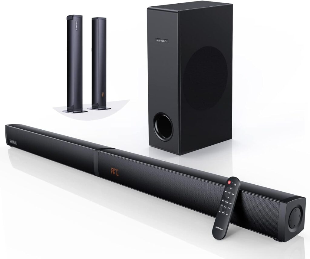 MEREDO Sound bar with Subwoofer 180W Detachable 2 in 1 Sound Bars for TV 2.1CH Treble  Bass Adjust 5 EQ Modes ARC/Optical/AUX/Bluetooth 12L Deep Bass for Home Theater Wall Mount-37 Inch