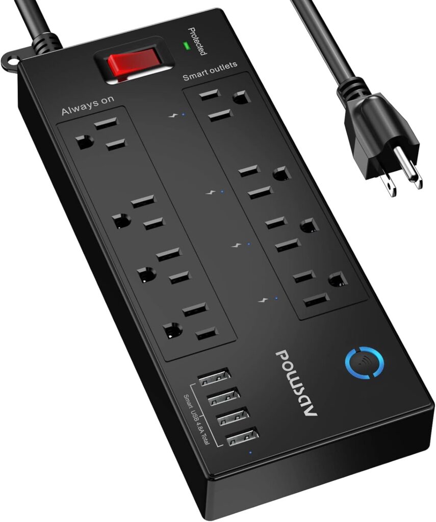 Smart Power Strip Surge Protector - POWSAV 6 Ft WiFi Extension Cord with 8 Outlets(4 Smart Outlets and 4 Always On Outlets) and 4 USB Ports, Compatible with Alexa  Google Home, Black