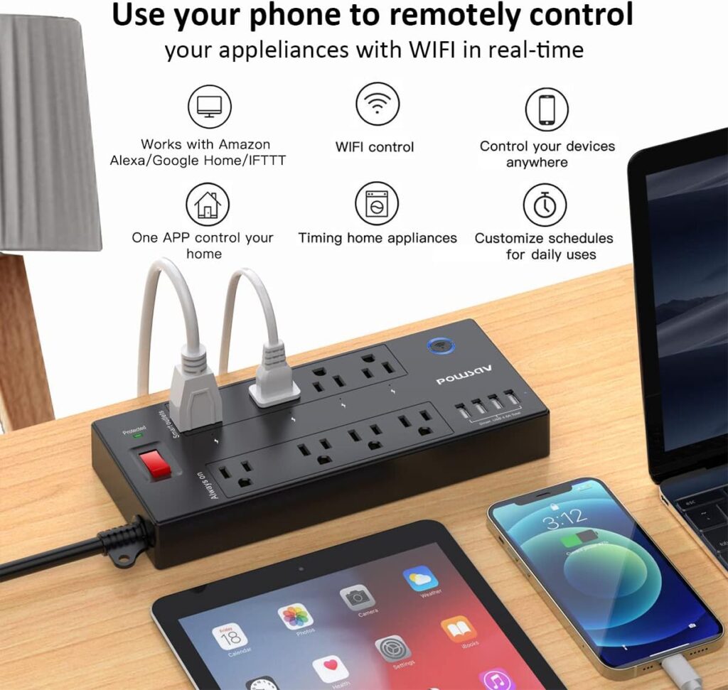 Smart Power Strip Surge Protector - POWSAV 6 Ft WiFi Extension Cord with 8 Outlets(4 Smart Outlets and 4 Always On Outlets) and 4 USB Ports, Compatible with Alexa  Google Home, Black