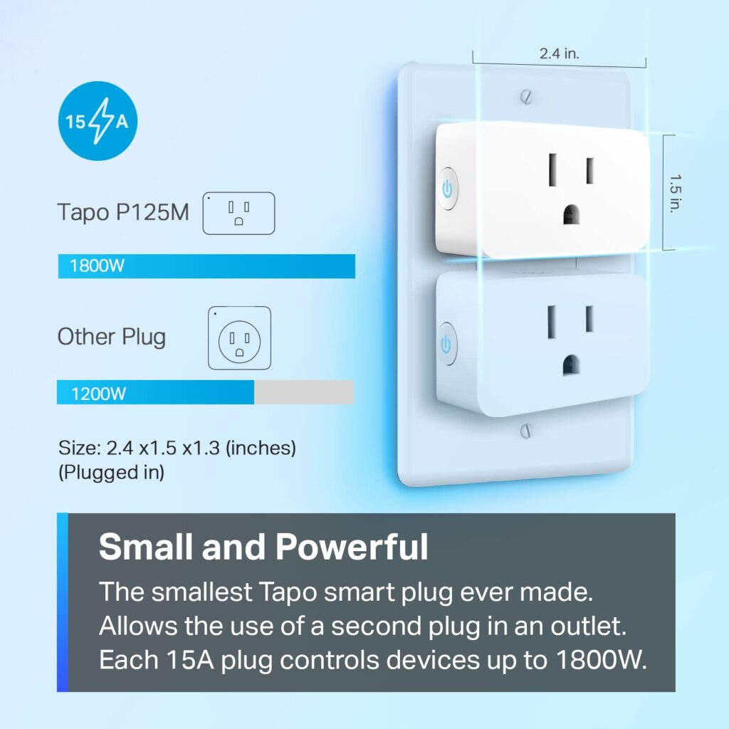 TP-Link Tapo Matter Supported Smart Plug Mini, Compact Design, 15A/1800W Max, Super Easy Setup, Works with Apple Home, Alexa  Google Home, UL Certified, 2.4G Wi-Fi Only, White, Tapo P125M(3-Pack)